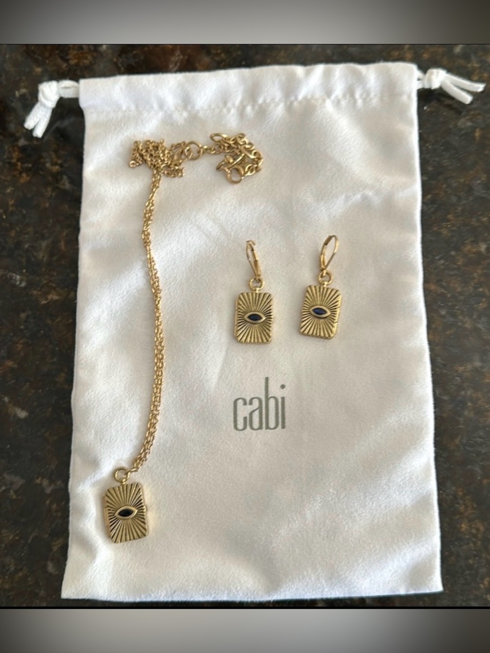 CAbi Gold Rectangular Evil Eye Necklace & Earrings Set with Black Accent